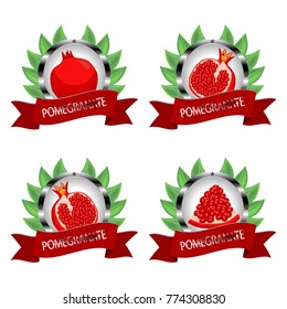 Abstract vector icon illustration logo for whole ripe red fruit pomegranate, slice half garnet. Pomegranate pattern consisting of card label,natural sign garnets.Eat sweet fresh pomegranates on health