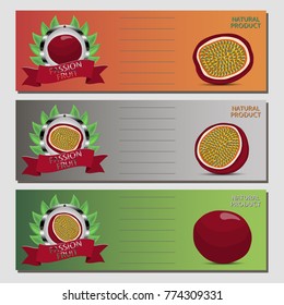 Abstract vector icon illustration logo for whole ripe red passion fruit, slice half. Passion Fruit pattern consisting of card label, natural design food. Eat sweet fresh passions fruits on health.