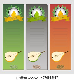 Abstract vector icon illustration logo for whole ripe fruit colorful pear, slice half. Pear pattern consisting of card label, natural design sign tasty food. Eat sweet fresh fruits pears on health.