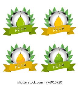 Abstract vector icon illustration logo for whole ripe fruit colorful pear, sliced half. Pear pattern consisting of card label, natural design sign tasty food. Eat sweet fresh fruits pears on health.