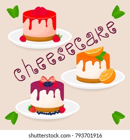 Abstract vector icon illustration logo for slice cheesecake lies on white plate. Cheesecake pattern consisting of cut cheese cake, sweet food. Eat tasty cakes, cheeses cheesecakes with berries, fruits