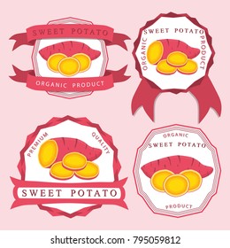 Abstract vector icon illustration logo for whole vegetable sweet potato, sliced baked foods. Potato pattern consisting of ripe boiled stewed food, steamed fries, raw yam. Sweet vegetables potatoes.