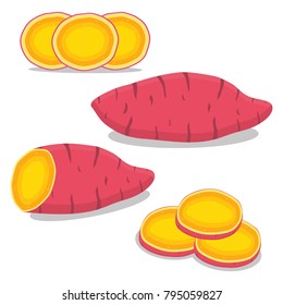 Abstract Vector Icon Illustration Logo For Whole Vegetable Sweet Potato, Sliced Baked Foods. Potato Pattern Consisting Of Ripe Boiled Stewed Food, Steamed Fries, Raw Yam. Sweet Vegetables Potatoes.