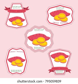 Abstract vector icon illustration logo for whole vegetable sweet potato, sliced baked foods. Potato pattern consisting of ripe boiled stewed food, steamed fries, raw yam. Sweet vegetables potatoes.