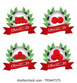 Abstract vector icon illustration logo for whole ripe berry red cranberry, green leaf on fruit background. Cranberry pattern consisting of label natural food. Eat fresh berries cranberries on health.