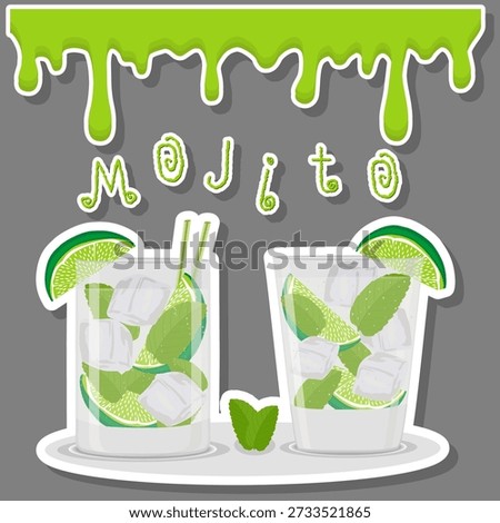 Abstract vector icon illustration logo for alcohol cocktails mojito. Mojito pattern consisting of full glass cup with transparent cocktail, sliced lime, cubes of ice. Cocktail mojitos of green limes.