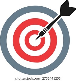 Abstract vector icon illustration showing a dart hitting a red and gray target board, symbolizing goal achievement, marketing strategy, business success, and precise aim. This clean graphic element is perfect for corporate presentations, performance metrics displays, focused business objectives, or sports themes.
