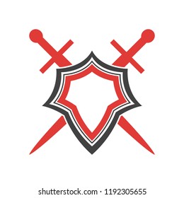 Abstract vector icon. Red and black shield and sword logo template.