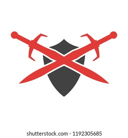 Abstract vector icon. Red and black shield and sword logo template.