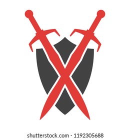 Abstract vector icon. Red and black shield and sword logo template.