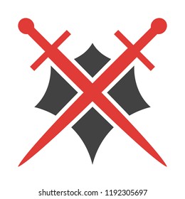 Abstract vector icon. Red and black shield and sword logo template.