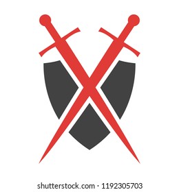 Abstract vector icon. Red and black shield and sword logo template.