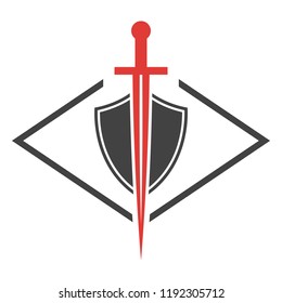Abstract vector icon. Red and black shield and sword logo template.