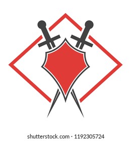 Abstract vector icon. Red and black shield and sword logo template.
