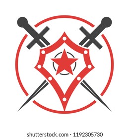 Abstract vector icon. Red and black shield and sword logo template.