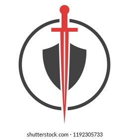 Abstract vector icon. Red and black shield and sword logo template.