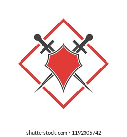 Abstract vector icon. Red and black shield and sword logo template.