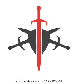 Abstract vector icon. Red and black shield and sword logo template.