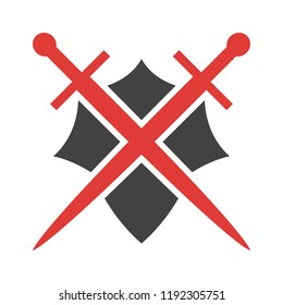 Abstract vector icon. Red and black shield and sword logo template.