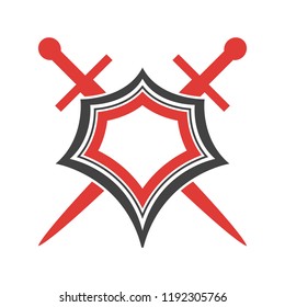 Abstract vector icon. Red and black shield and sword logo template.