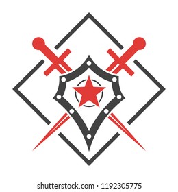 Abstract vector icon. Red and black shield and sword logo template.