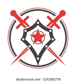 Abstract vector icon. Red and black shield and sword logo template.