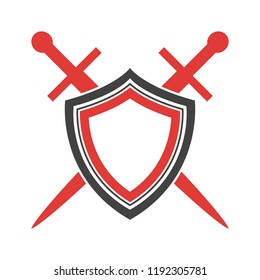 Abstract vector icon. Red and black shield and sword logo template.