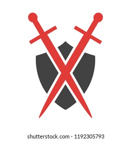 Abstract vector icon. Red and black shield and sword logo template.