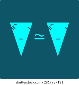 Abstract vector icon representing triangle congruence in geometry. Two equal-size triangles are marked with matching side tick marks and angle arcs and joined by the congruence symbol (≅), illustrating the principle that corresponding sides and angles are equal. Flat single-path teal design suited for math education, geometric proofs, SSS-SAS-ASA postulates, and STEM iconography.