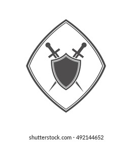 Abstract vector icon - shield and sword.Black shield and sword on a white background.