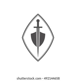 Abstract vector icon - shield and sword.Black shield and sword on a white background.