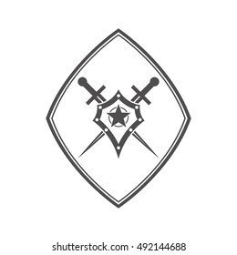 Abstract vector icon - shield and sword.Black shield and sword on a white background.
