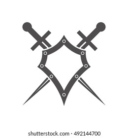 Abstract vector icon - shield and sword.Black shield and sword on a white background.