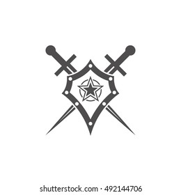 Abstract vector icon - shield and sword.Black shield and sword on a white background.