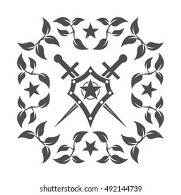 Abstract vector icon - shield and sword.Black shield and sword on a white background.