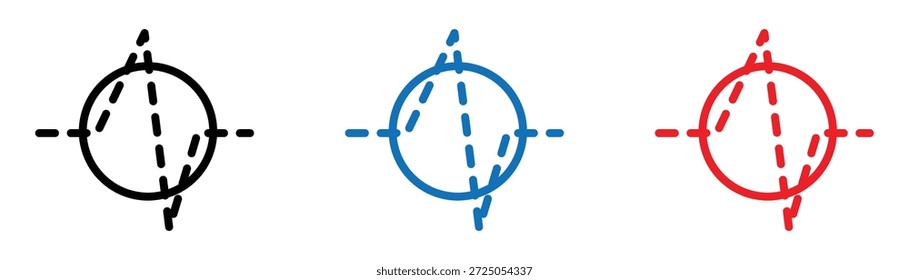 Ícones vetoriais abstratos: círculo com linhas tracejadas internas e externas em preto, azul, vermelho