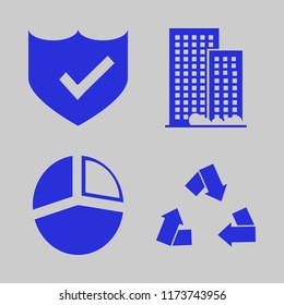 abstract vector icons set. with pie chart, shield check, office building and recycle sign in set