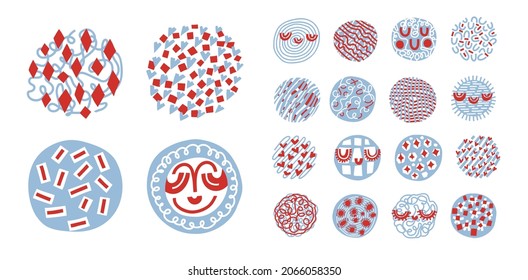 Abstract vector icons for social media, doodle highlight wallpapers with trendy simple geometry in red and blue. Design for prints, badges, packaging, covers, notebooks, cards, textile. All isolated.