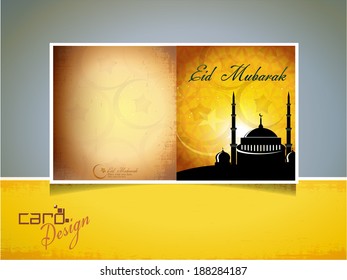 Abstract vector Id card with shiny color moon and mosque for Islamic festival.