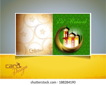 Abstract vector Id card with shiny color moon and mosque for Islamic festival.