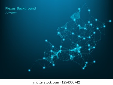 Abstract vector illuminated particles and lines. Plexus effect with spectrum colors. Futuristic vector illustration. Polygonal Cyber Structure With Lens Flare Light Rays. Data Connection Concept.