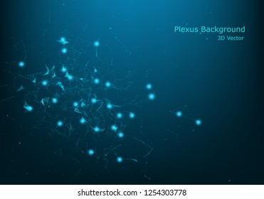 Abstract vector illuminated particles and lines. Plexus effect. Futuristic vector illustration. Polygonal Cyber Structure With Lens Flare Light Rays. Data Connection Concept.
