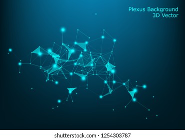 Abstract vector illuminated particles and lines. Plexus effect. Futuristic vector illustration. Polygonal Cyber Structure With Lens Flare Light Rays. Data Connection Concept.