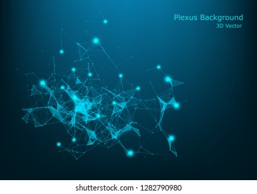 Abstract vector illuminated particles and lines. Plexus effect. Futuristic vector illustration. Polygonal Cyber Structure With Lens Flare Light Rays. Data Connection Concept.
