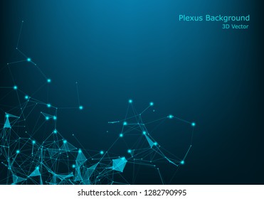 Abstract vector illuminated particles and lines. Plexus effect. Futuristic vector illustration. Polygonal Cyber Structure With Lens Flare Light Rays. Data Connection Concept.