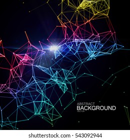 Abstract vector illuminated particles and lines. Plexus effect with spectrum colors. Futuristic vector illustration. Polygonal Cyber Structure With Lens Flare Light Rays. Data Connection Concept.