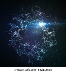 Abstract vector illuminated particles and lines. Plexus effect. Futuristic vector illustration. Polygonal Cyber Structure With Lens Flare Light Rays. Data Connection Concept