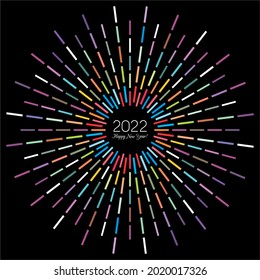 An abstract vector illustration of 2022 New Year sunburst design on a black background