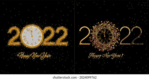 An abstract vector illustration of 2022 New Year gold clock designs on a black background