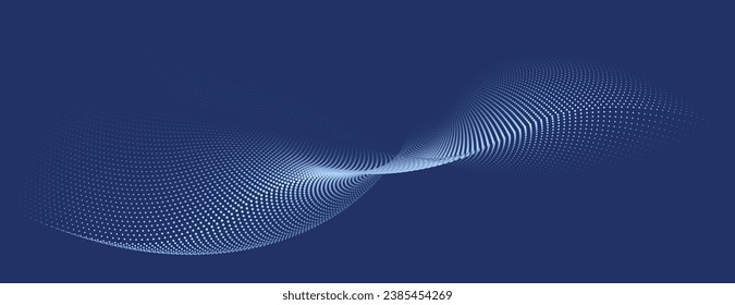 Ilustración vectorial abstracta, curva 3D formada por partículas de punto flotantes contra un fondo azul, diseñada para evocar un ambiente de temática tecnológica.